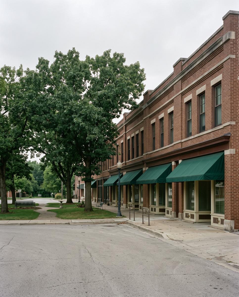 Two-story brick storefronts on a small town square under mature oaks