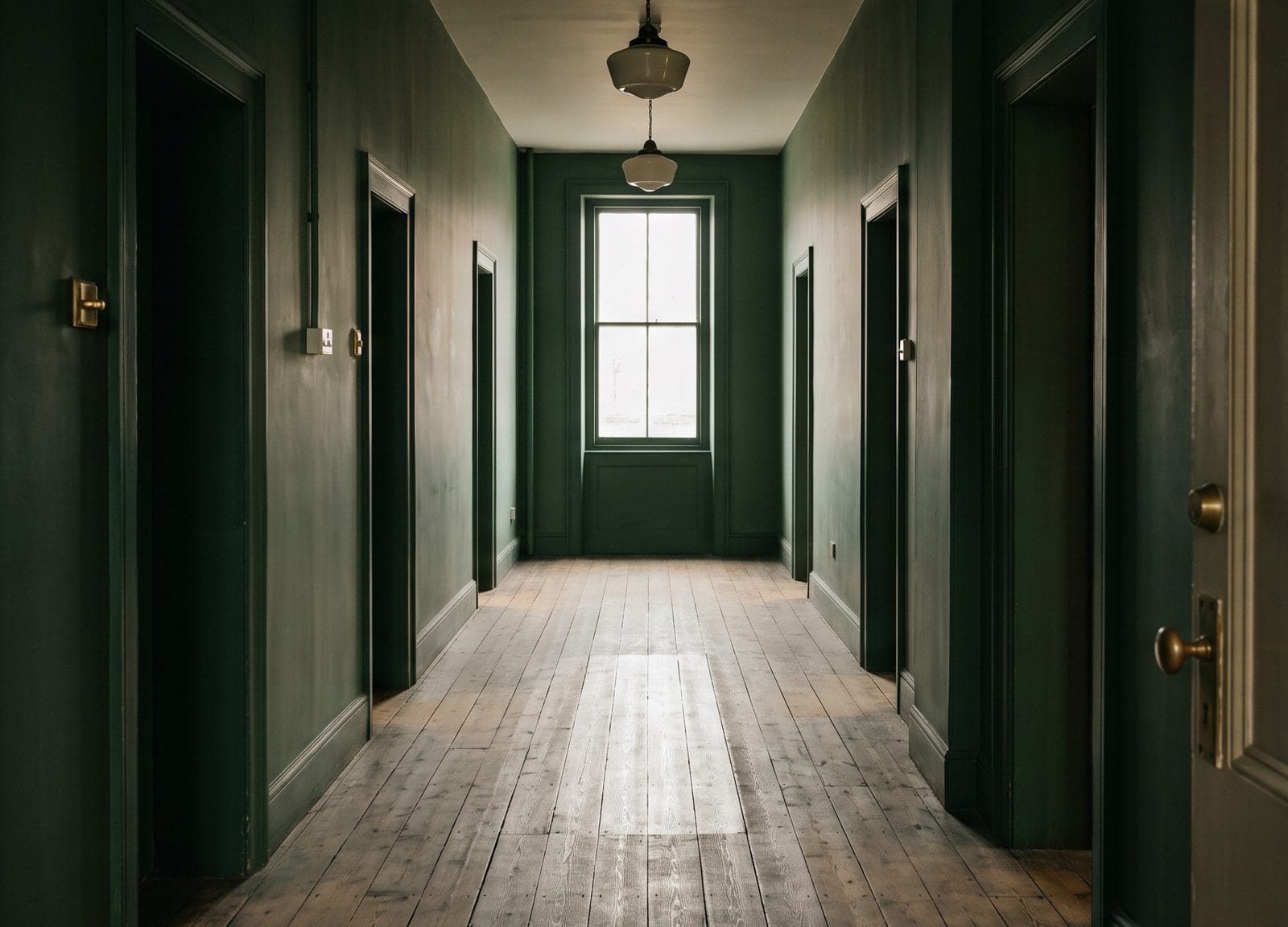A quiet office corridor with daylight falling across a bare timber floor