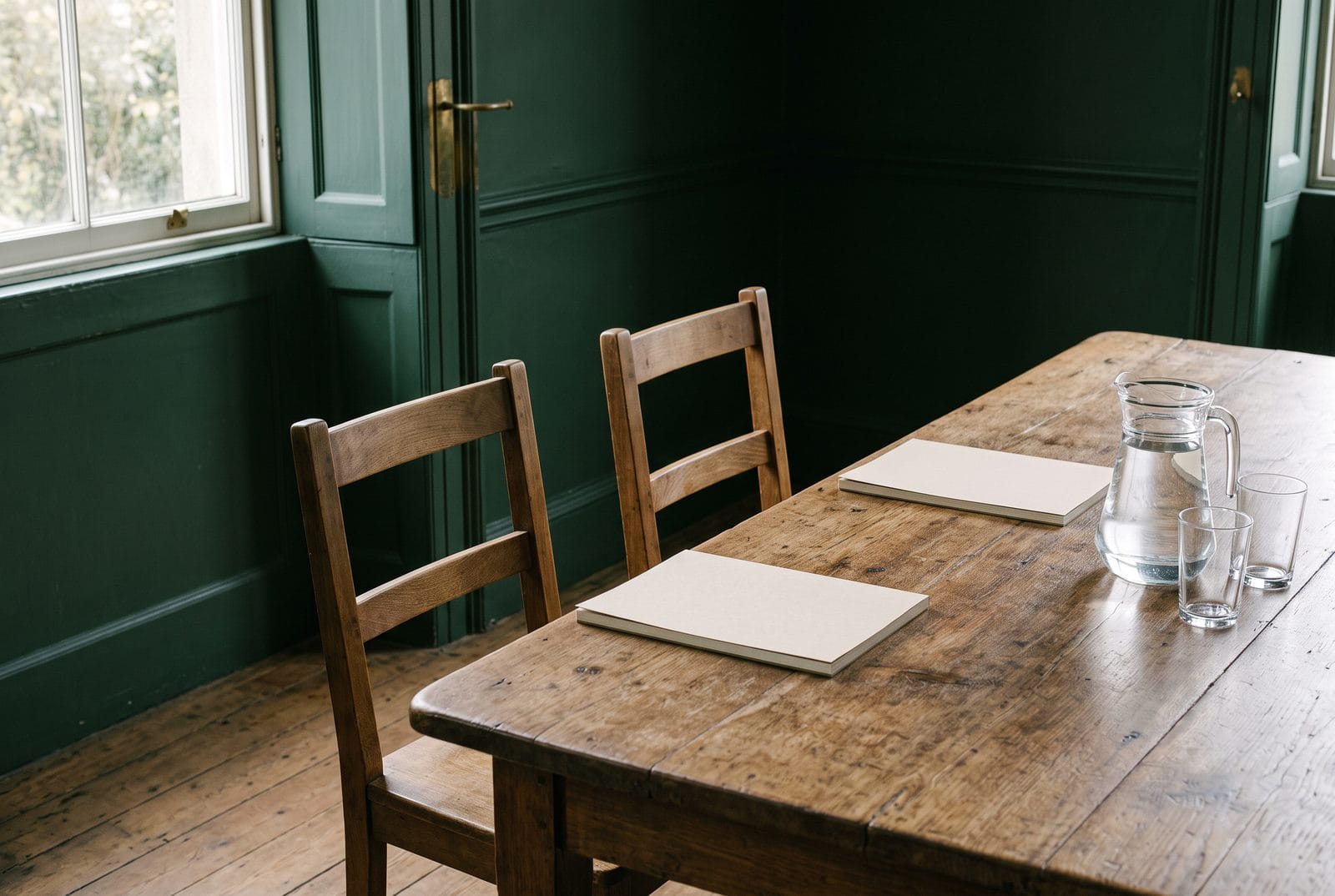 Two chairs drawn up to one end of a long table with closed notepads and a water jug